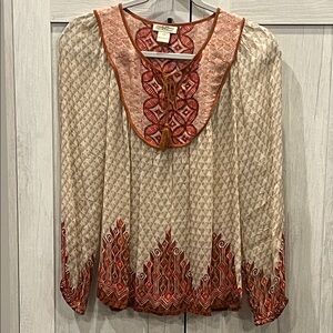 Lucky Brand Cream and Red Geometric Blouse